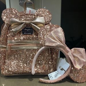 NWT Rose Gold Sequin Disney Loungefly backpack with wallet and ears